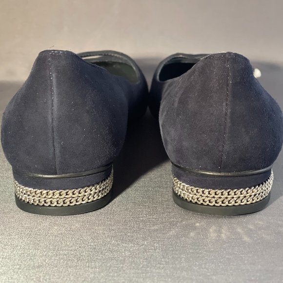 Stuart Weitzman Navy Pointy Toe Flats with Chain Inlay Heel - Picture 7 of 8